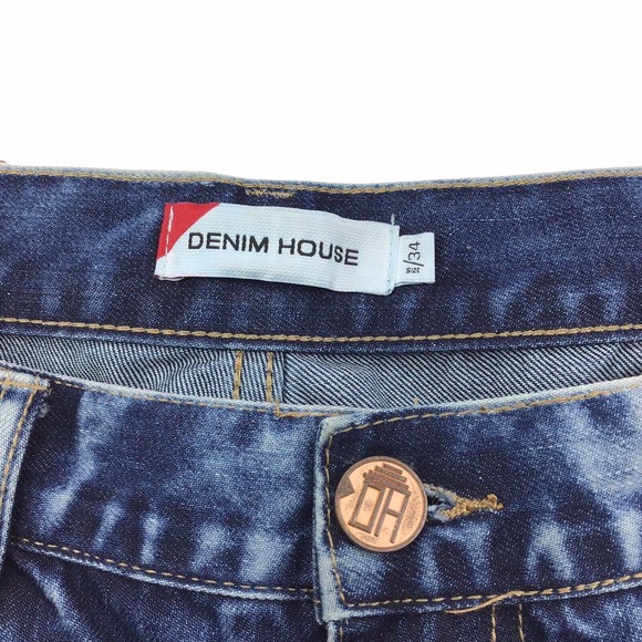 DENIM HOUSE Jean Men 34x32 Blue Moto Zipper Light Acid Wash Distressed Destroyed - Picture 5 of 5